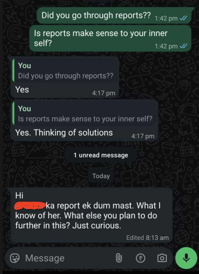 WhatsApp testimonial from Client