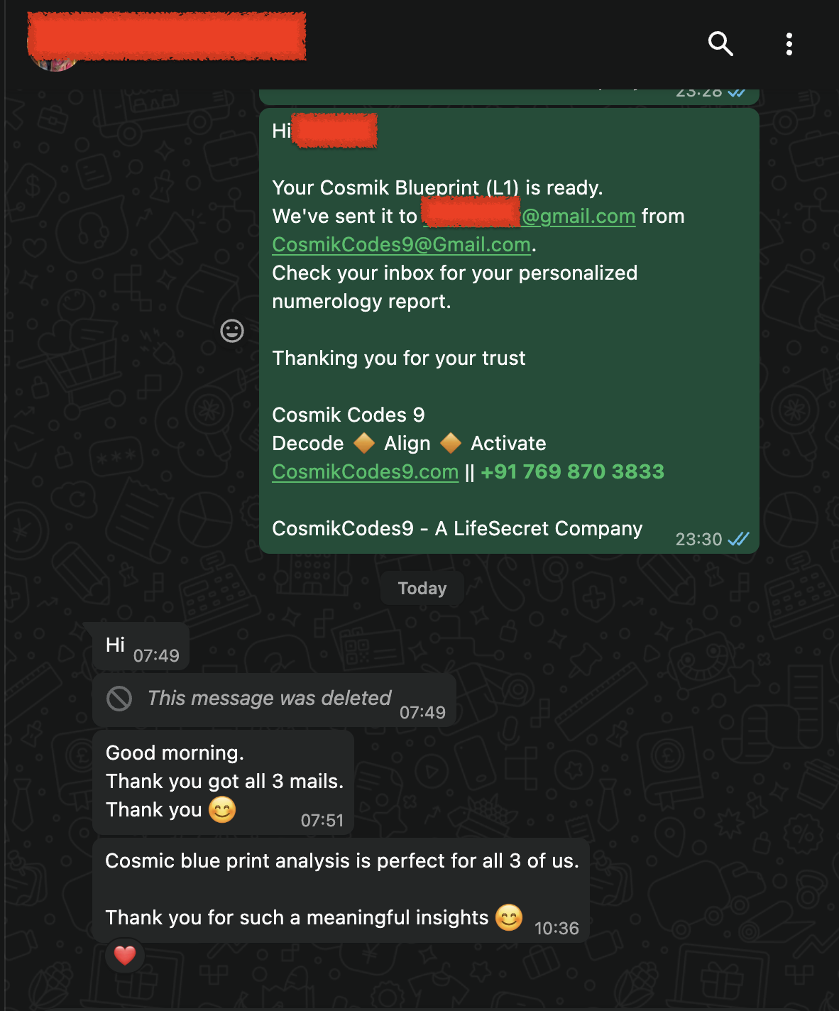 WhatsApp testimonial from Parent